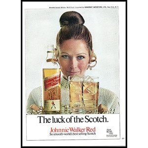 1970 Johnnie Walker Red Label Scotch Vintage Print Ad Smiling Blonde Wall Art